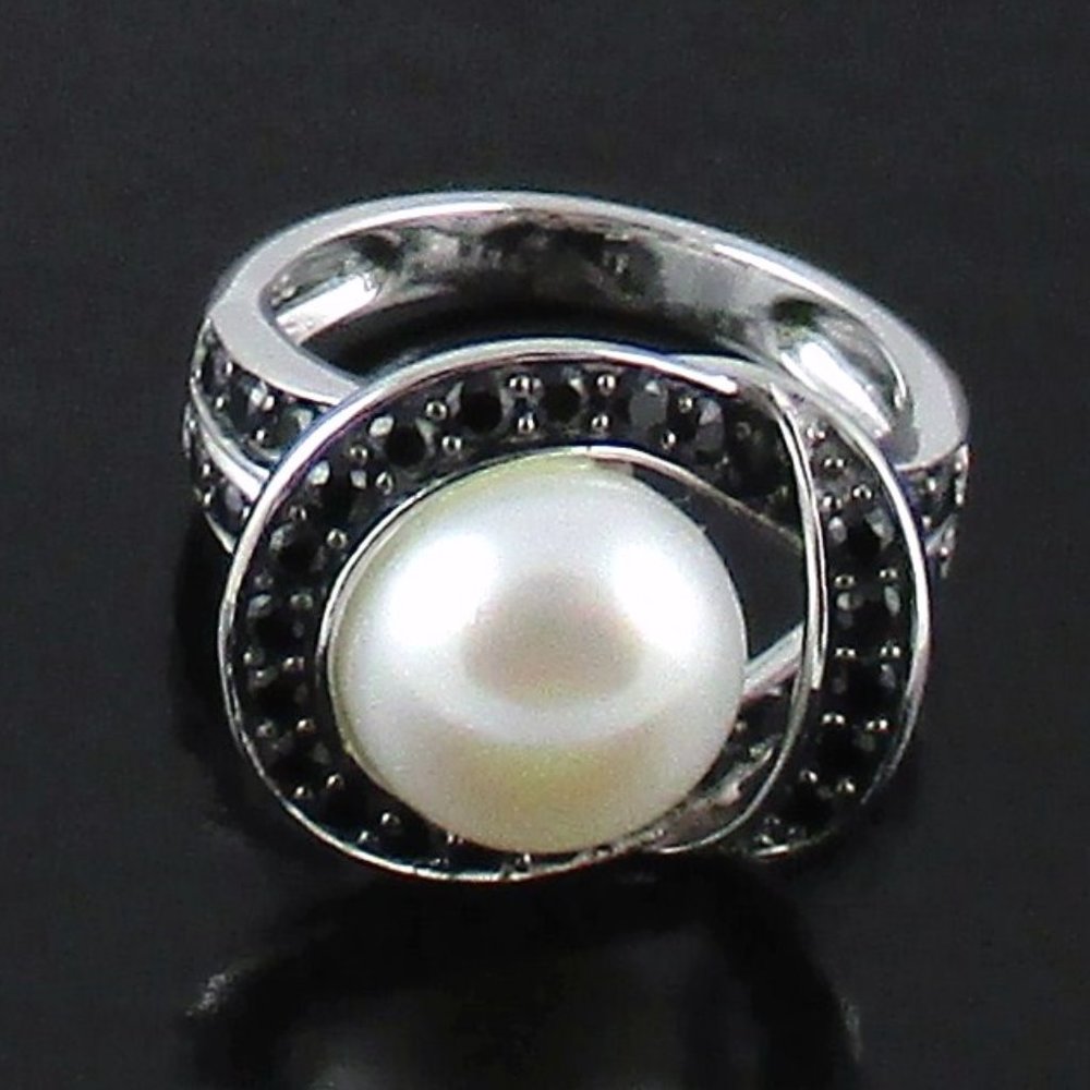 Honora White Cultured Pearl & Black Spinel Ring